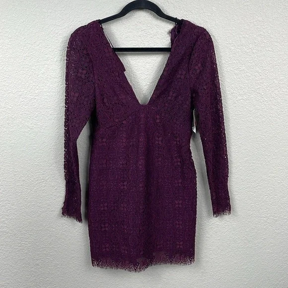 Free People Honey Honey Lace Long Sleeve Mini Dress Burgundy Purple Defect 2 - Picture 2 of 14